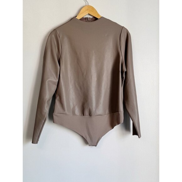 SKIMS Tops - SKIMS Faux Leather Mock Neck Bodysuit 3X Long Sleeve Jasper Brown Thong Clubwear